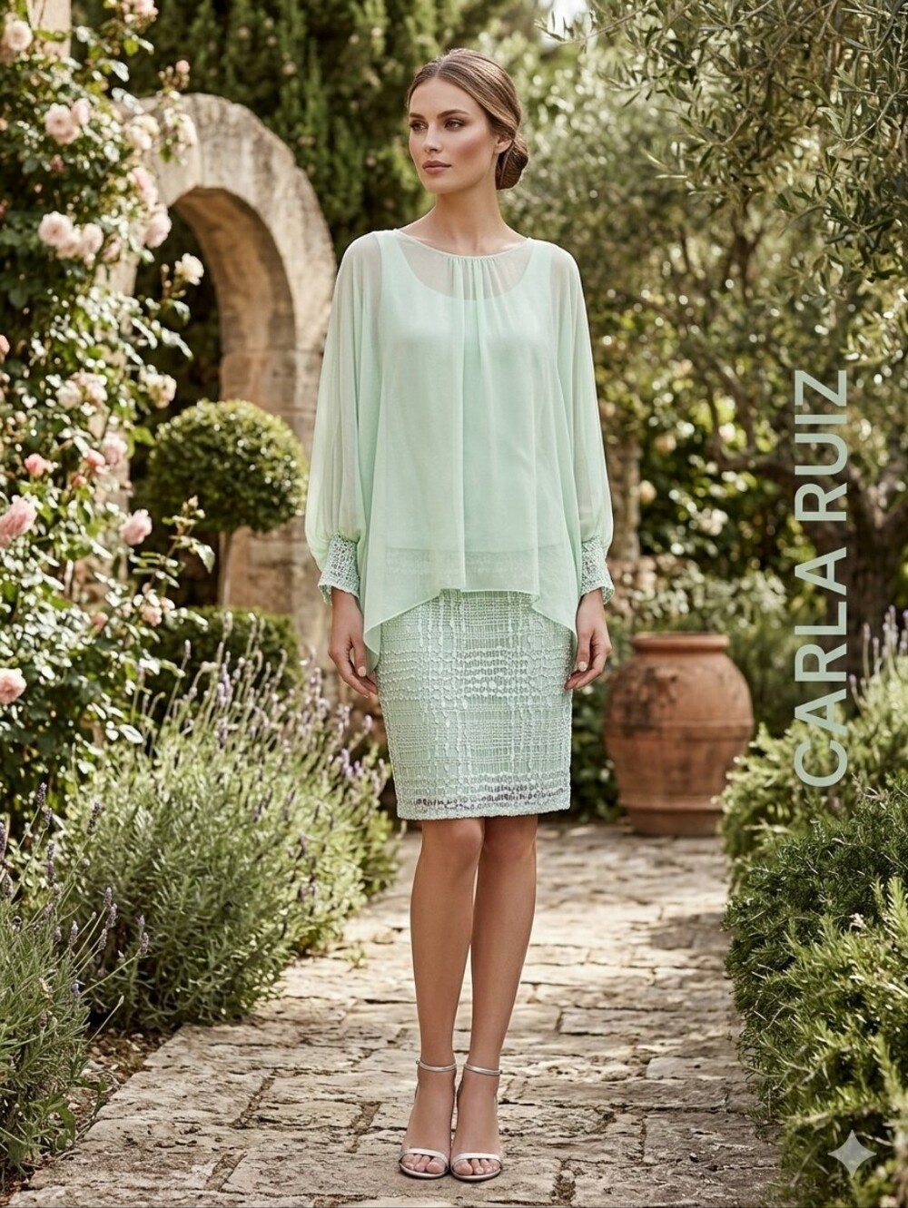 Carla Ruiz Mint Green Lace & Chiffon Overlay Cocktail Dress - Size 40 (US 6) NWT